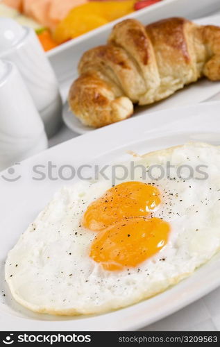 High angle view of fried eggs in a plate