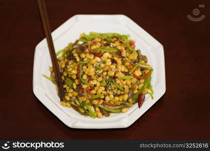 High angle view of fried soybean in a plate, Hohhot, Inner Mongolia, China