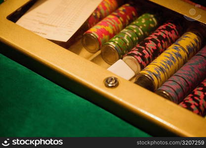 High angle view of gambling chips, Las Vegas, Nevada, USA