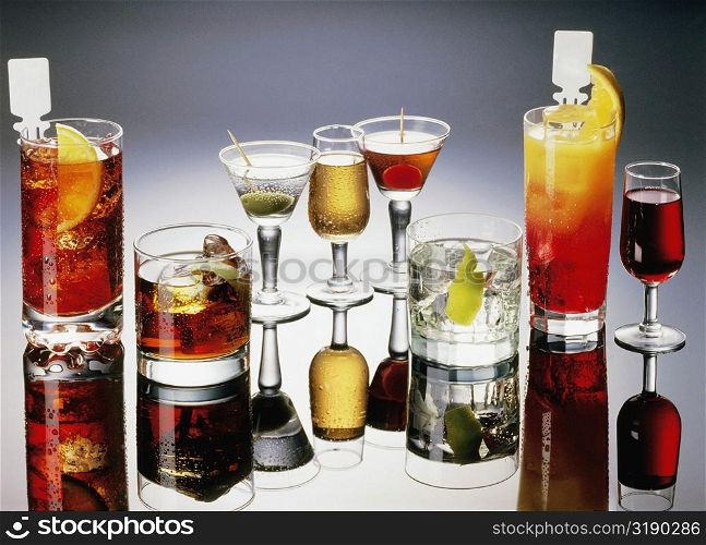 High angle view of glasses of cocktail drinks