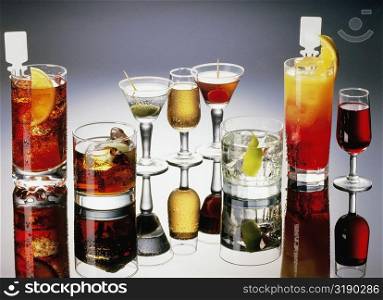 High angle view of glasses of cocktail drinks