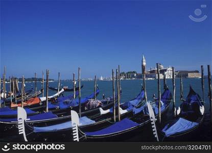 High angle view of gondolas moored at a dock, Italy