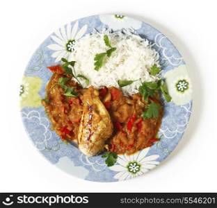 High angle view of grilled marinaded chicken served with a spice tomato and red capsicum salsa, in the Caribbean style, and white rice, all garnished with parsley.