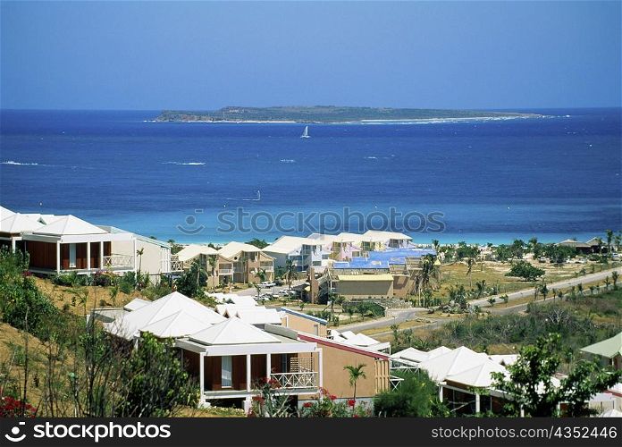 High angle view of houses along the seashore, Marigot, St. Martin, Leeward Islands, Caribbean.