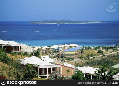High angle view of houses along the seashore, Marigot, St. Martin, Leeward Islands, Caribbean.