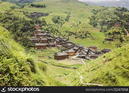 High angle view of houses in a village, Jinkeng Terraced Field, Guangxi Province, China