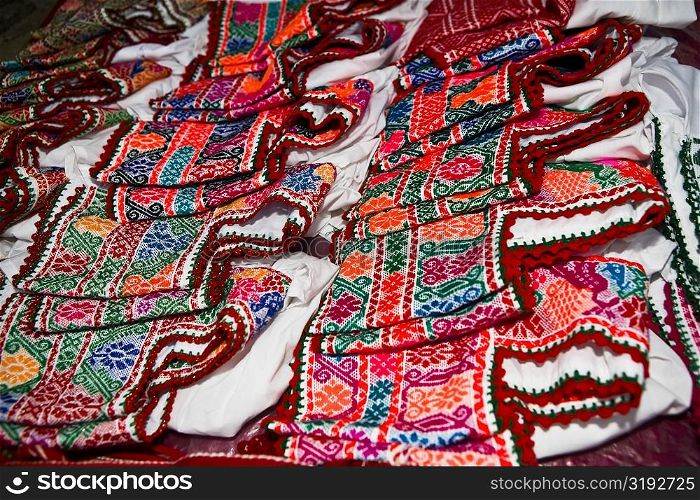 High angle view of jackets on a market stall, Cuetzalan, Puebla State, Mexico