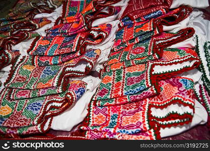 High angle view of jackets on a market stall, Cuetzalan, Puebla State, Mexico