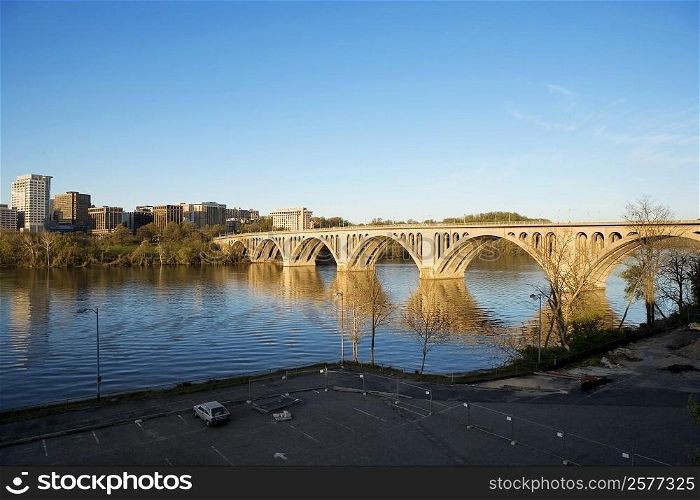 High angle view of key bridge crossing the Potomac River, Washington DC, USA