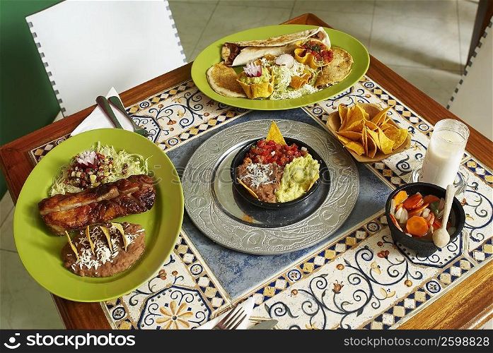 High angle view of Mexican cuisine on the table