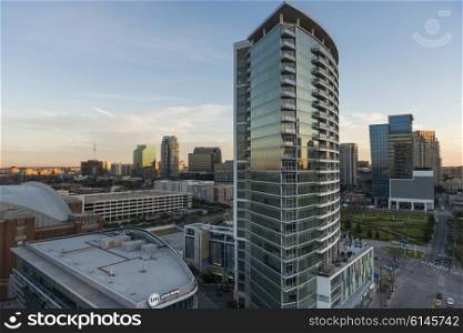 High angle view of modern office buildings, Victory Park, Dallas, Texas, USA