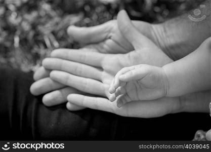 High angle view of mother, father and sons hands, black and white