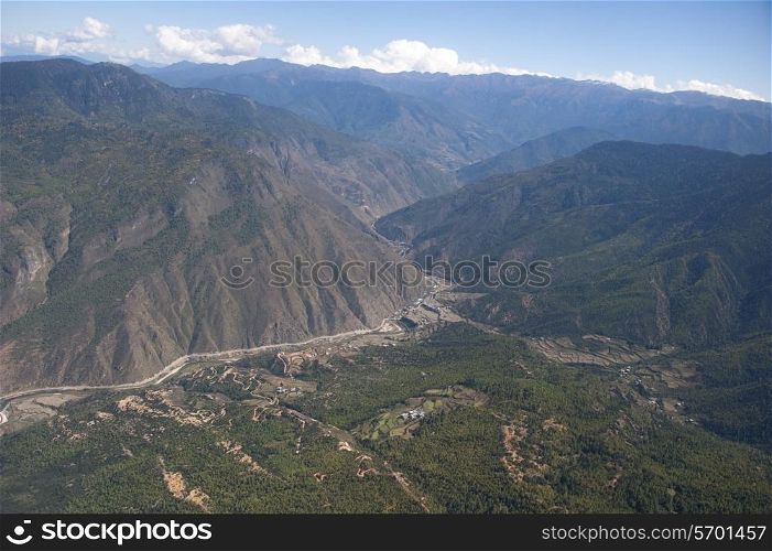 High angle view of mountains, Paro Valley, Paro District, Bhutan