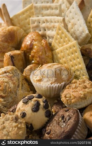 High angle view of muffins and crackers in a wicker basket