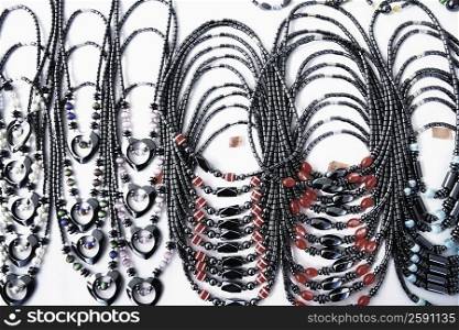 High angle view of necklaces at a market stall