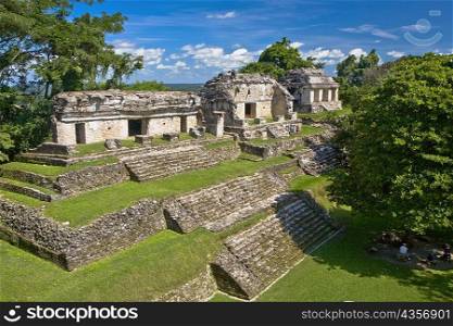 High angle view of old ruins of buildings, North Group, Palenque, Chiapas, Mexico