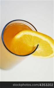 High angle view of orange juice in a glass