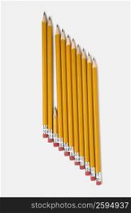 High angle view of pencils in a row