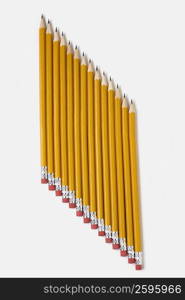 High angle view of pencils in a row