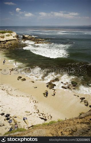 High angle view of people on the beach, La Jolla Reefs, San Diego, California, USA