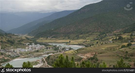 High angle view of Punak Tsang Chhu River, Punakha Valley, Punakha District, Bhutan