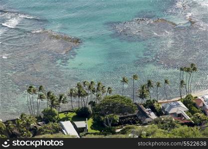 High angle view of resort on the beach from Diamond Head, Kapahulu, Honolulu, Oahu, Hawaii, USA