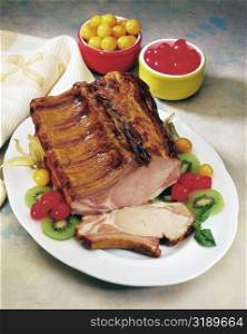 High angle view of roast pork ribs
