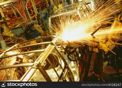 High angle view of robots welding cars in an assembly line, Baltimore, Maryland, USA