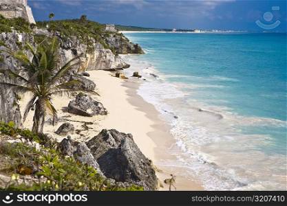 High angle view of rocks on the beach, Zona Arqueologica De Tulum, Cancun, Quintana Roo, Mexico