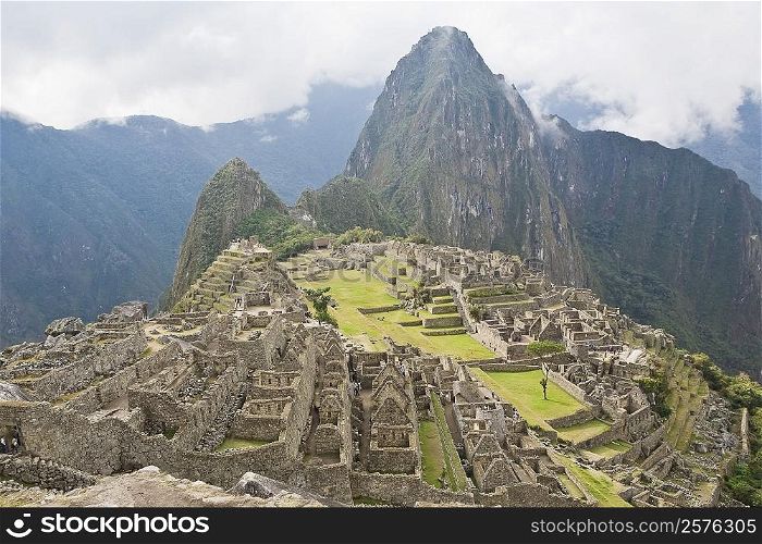 High angle view of ruins on mountains, Machu Picchu, Cusco Region, Peru