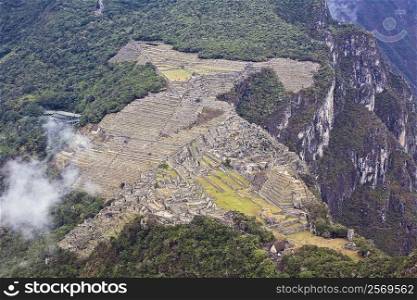 High angle view of ruins on mountains, Mt Huayna Picchu, Machu Picchu, Cusco Region, Peru