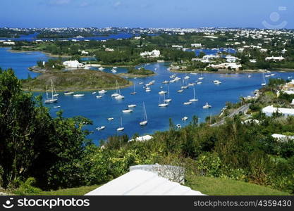 High angle view of sailboats from Gibbs lighthouse, Bermuda