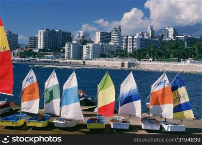 High angle view of sailboats on the beach, Torremolinos, Andalusia, Spain