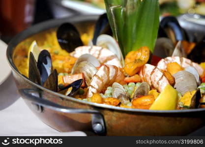 High angle view of seafood in a pan