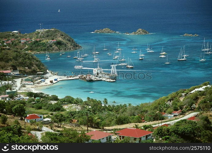 High angle view of several boats in the sea, St. Bant&acute;s