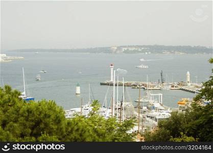 High angle view of ships at a harbor, Vieux Port, Cote d&acute;Azur, Cannes, Provence-Alpes-Cote D&acute;Azur, France