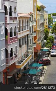 High angle view of sidewalk cafes along a road, Old San Juan, San Juan, Puerto Rico