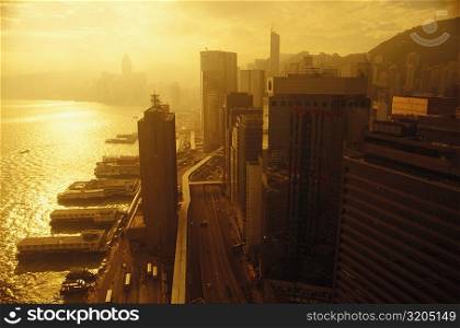 High angle view of skyscrapers in a city, Hong Kong, China