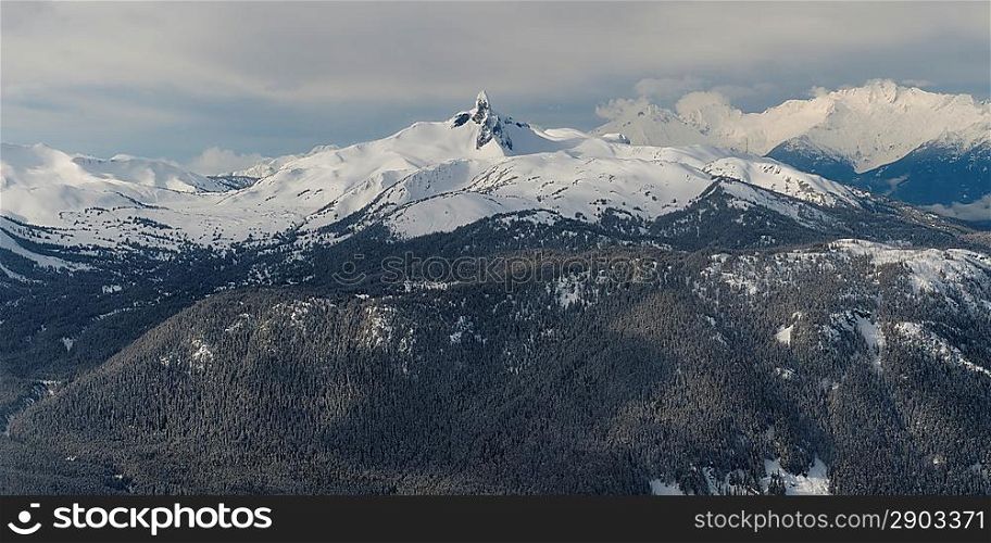 High angle view of snowcapped mountains, Black Tusk, Whistler, British Columbia, Canada