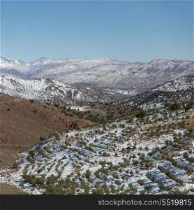 High angle view of snowy valley in winter, Tizi n&rsquo;Tichka, Atlas Mountains, Morocco