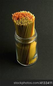 High angle view of spaghettis in a jar