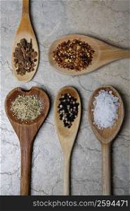 High angle view of spices in wooden spoons