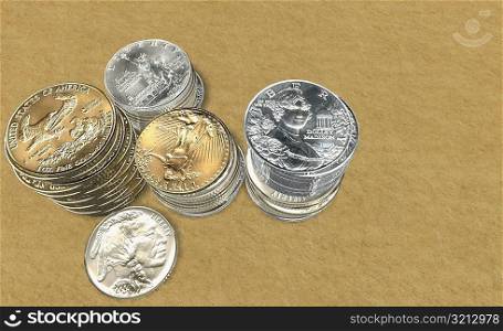 High angle view of stacks of coins