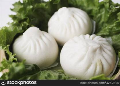 High angle view of steamed dumplings