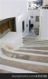 High angle view of steps between buildings, Patmos, Dodecanese Islands, Greece