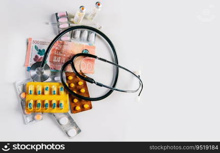 High angle view of stethoscope with pills on money isolated. Stethoscope with medicaments on Nicaraguan Cordobas. High cost of medical health with stethoscope