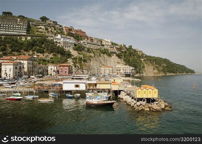 High angle view of stilt houses on a pier, Marina Grande, Capri, Sorrento, Sorrentine Peninsula, Naples Province, Campania, Italy
