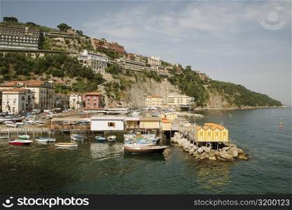 High angle view of stilt houses on a pier, Marina Grande, Capri, Sorrento, Sorrentine Peninsula, Naples Province, Campania, Italy