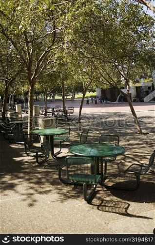 High angle view of tables in an outdoor cafe, San Francisco, California, USA