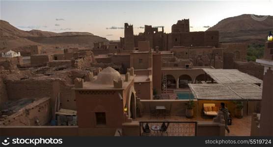 High angle view of terrace of a hotel, Kasbah Ellouze, Ouarzazate, Morocco